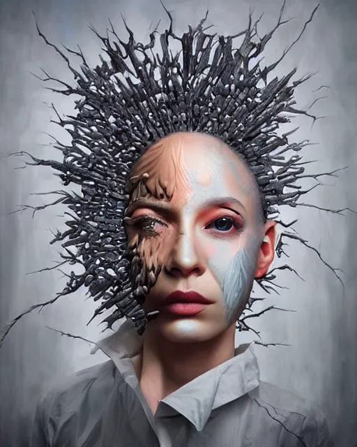 Prompt: surrealist portrait art in the styles of igor morski, jim warren, and aida muluneh, intricate, hyperrealistic, accurate facial details, profile picture with chromakey!!!!! background, volumetric lighting