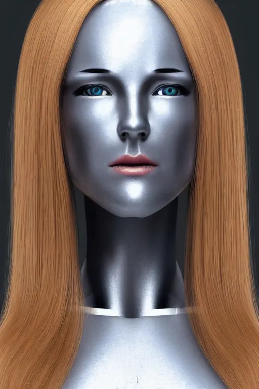 Image similar to robot with human face, female head, full body angle, woman human face, human face realistic, beautiful blonde hair, human head, human head with blonde hair, blonde hair human head, blonde hair, human realistic face, human head skin, cyborg frame concept, cyborg by ales-kotnik, sci-fi android female, the body is made of wires, robotic body, cyborg body, cyborg bust body, robot body cyborg, full body