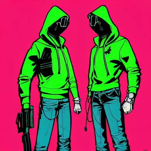 Prompt: a full body character design guy denning, tim doyle, laurie greasley green ska grungy hooded sunglasses handsome smiling figure heroic!! two guns!! nunchucks!! bold outline sharp edges. elegant, neon colors, dynamic angle, intricate complexity, epic composition, symmetry, cinematic lighting masterpiece