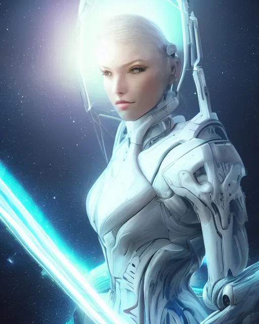 Image similar to photo of a beautiful girl on a mothership, android, warframe armor, pretty face, scifi, futuristic, galaxy, raytracing, dreamy, perfect, aura of light, pure, white hair, blue cyborg eyes, glow, insanely detailed, artstation, innocent look, art by gauthier leblanc, kazuya takahashi, huifeng huang