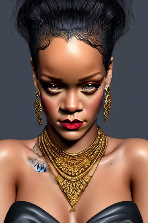 Image similar to portrait of Rihanna , highly detailed and rendered gold jewelry, digital art, intricate, sharp focus, Trending on Artstation, HQ, unreal engine 5, 4K UHD image, by brom, artgerm, face by Otto Schmidt