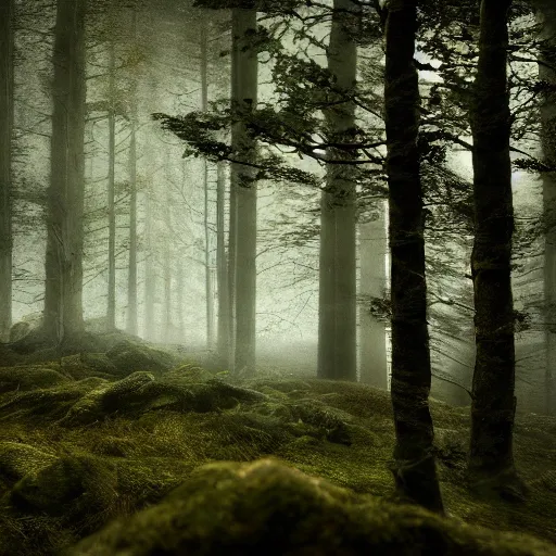 Prompt: dense woodland landscape, ::0.4 , English forest, Irish forest, scottish forest, perspective, folklore,King Arthur, Lord of the Rings, Game of Thrones. ultra photoreal , photographic, concept art, cinematic lighting, cinematic composition, rule of thirds , mysterious, eerie, cinematic lighting, ultra-detailed, ultrarealistic, photorealism, 8k, octane render, Albert Bierstadt