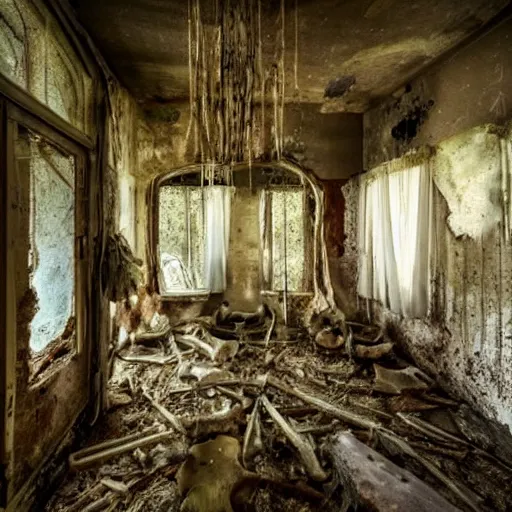 Image similar to a room in a creepy, dilapidated house filled with mushrooms and the decaying bodies of ancient warriors