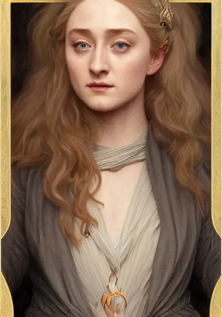 Image similar to sansa saoirse ronan, intricate, elegant, highly detailed, digital painting, artstation, concept art, smooth, sharp focus, illustration, art by artgerm and greg rutkowski and alphonse mucha and william - adolphe bouguereau