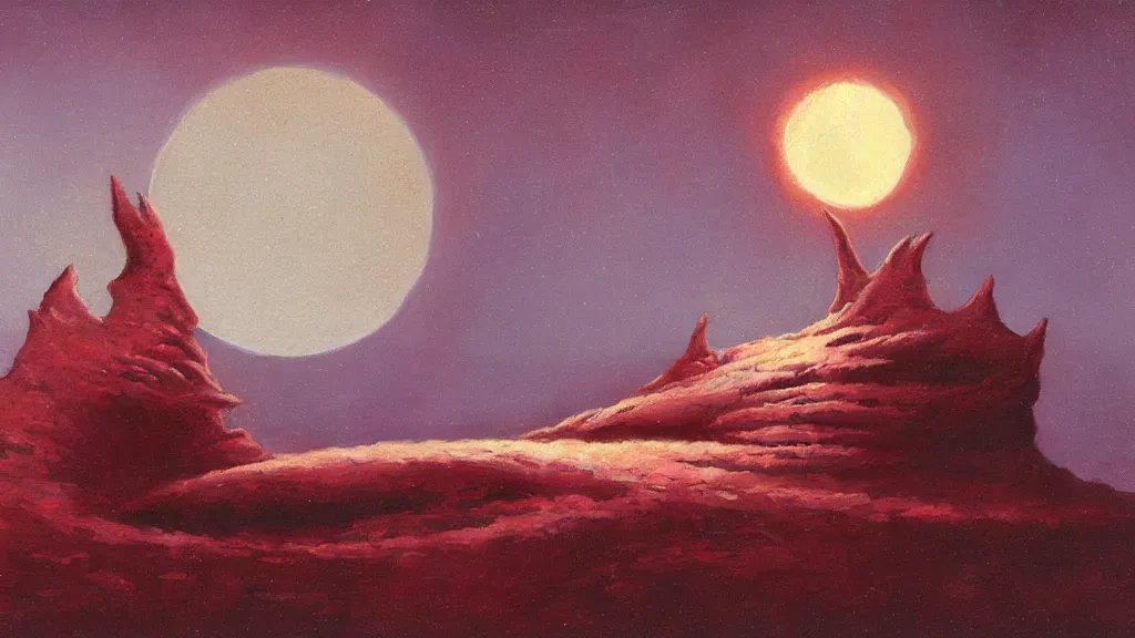 Image similar to mysterious sculpture of an alien crescent moon by paul lehr and john schoenherr, cinematic matte painting