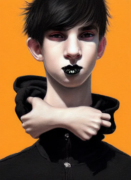 Image similar to portrait of a teen boy with a crooked nose and a confident expression, 1 9 6 0 s, black clothes, goth, punk, brightly coloured hair, funk, intricate, elegant, highly detailed, digital painting, artstation, concept art, smooth, sharp focus, illustration, art by wlop, mars ravelo and greg rutkowski