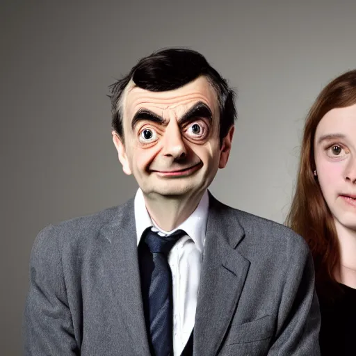 Image similar to A portrait mr bean elizabeth teams up with a teenage mr bean, perfect faces, 50 mm, award winning photography