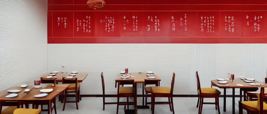 Image similar to a beautiful simple interior render of small roasted string hotpot restaurant restaurant yan'an, wall corner, from china, red paper wall and white tile floor, rectangle white porcelain table, fine simple delicate structure, chinese style, simple composition, simple style structure decoration design, victo ngai, 4 k hd