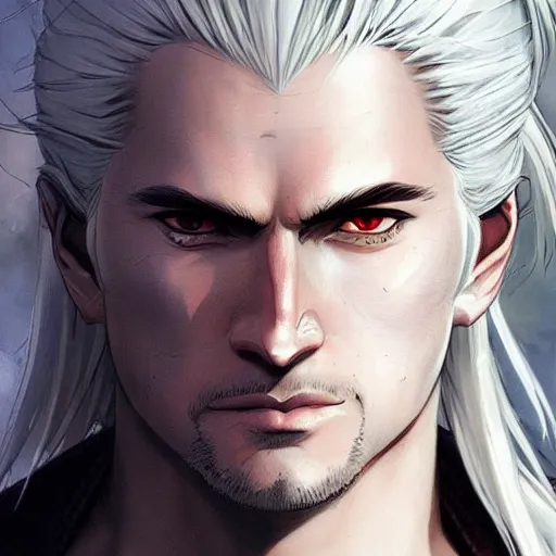 Image similar to well drawn animation portrait Anime Geralt of Rivia Sharp fine face, realistic shaded Perfect face, fine details. Anime realistic shaded lighting by katsuhiro otomo ghost-in-the-shell, magali villeneuve, artgerm, rutkowski Jeremy Lipkin and Giuseppe Dangelico Pino and Michael Garmash and Rob Rey