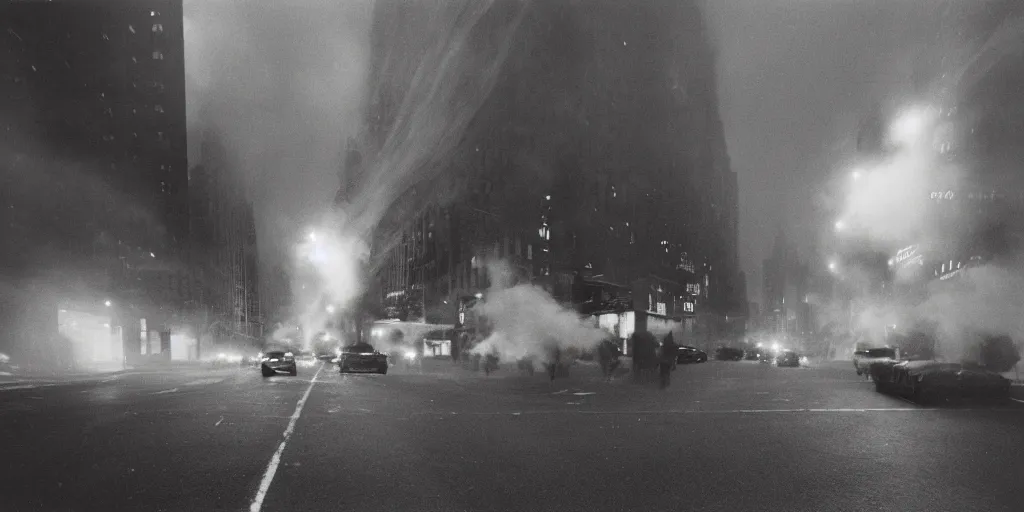 Image similar to a high resolution photo of a new york street at night surrounded with smoke and cars with bright headlights by joel meyerowitz, realistic photo, leica, magnum award winning photograph, parallax photography ,