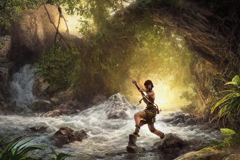 Prompt: wide shot of exhausted Lara Croft climbing out of a roaring ancient river, fireflies by Lilia Alvarado