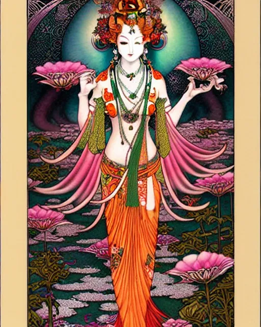 Image similar to beautiful and playful ethereal ginger hindu goddess, art nouveau, fantasy, intricate japanese flower designs, elegant, highly detailed, sharp focus, art by chie yoshii