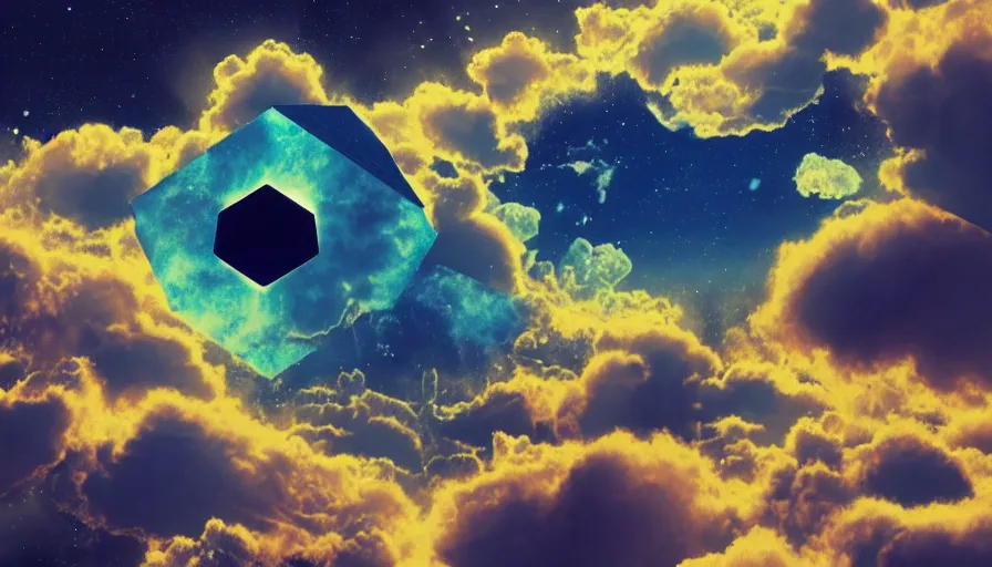 Image similar to hexagon floating in space, colorful clouds below, solar eclipse, matte painting, trending on artstation, realistic, octane render, cinematic, epic