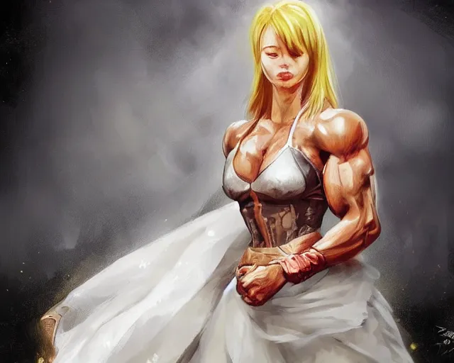 Image similar to portrait of samus aran as a very attractive happy female bodybuilder wearing wedding dress, elegant, fantasy, hd shot, digital portrait, beautiful, artstation, comic style, by artgerm, guy denning, jakub rozalski, magali villeneuve and charlie bowater