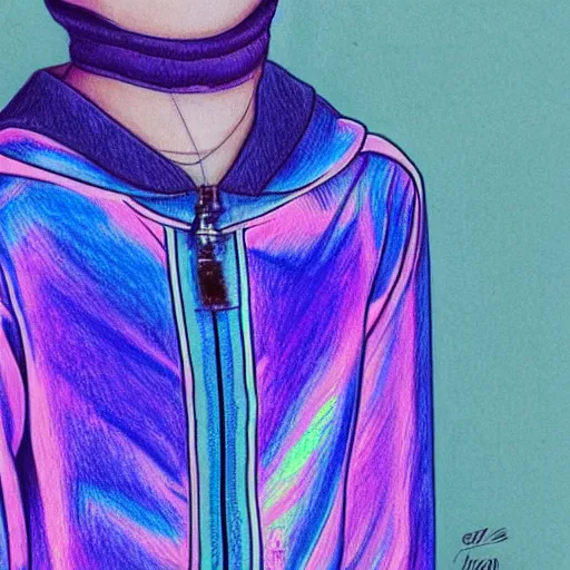 Image similar to a drawing of an iridescent blue and purple jacket, a color pencil sketch by avgust cernigoj, instagram contest winner, digital art, art on instagram, childs drawing, seapunk