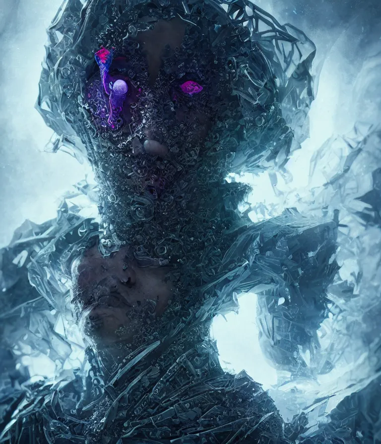 Image similar to impressive ominous front!! shot photo of a court jester character fine portrait fine portrait mesmerizing fractal hyper cubes platinum cracked dark future hyper dimensional space galactic crystal nebula edges elegant detailed intricate concept artstation sharp focus ray tracing cinematic masterpiece temporal corruption beeple wlop germ 8 4 k scifi glossy hyper realistic illustration canon eos r 3 fujifilm x - t 3 0 sony alpha a 6 6 0 0