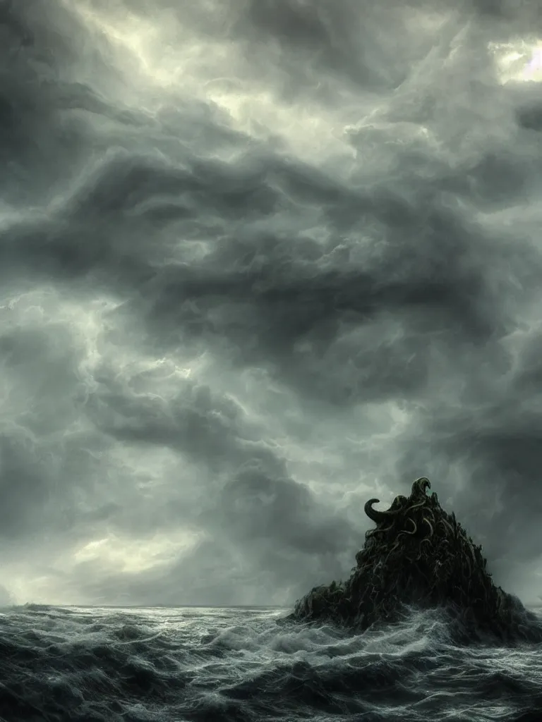 Image similar to Cthulhu rising from a stormy sea, towering over the coastline during a thunderstorm, dramatic, ominous clouds, ground mist, featured on artstation, 4k