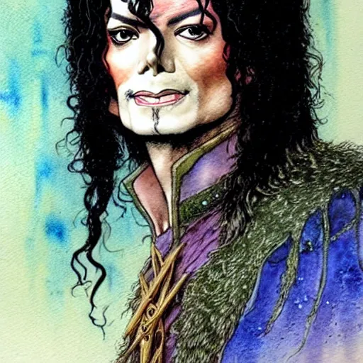 Prompt: a realistic and atmospheric watercolour fantasy character concept art portrait of michael jackson as a druidic warrior wizard looking at the camera with an intelligent gaze by rebecca guay, michael kaluta, charles vess and jean moebius giraud