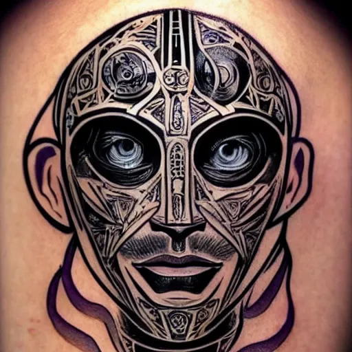 Prompt: Portrait of Harry Potter as a robot with highly stylized, intricate face tattoos