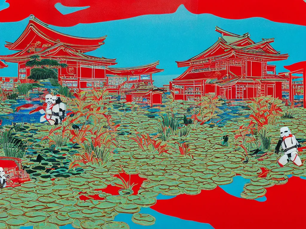 Prompt: close - up image of a japanese red house with a pond, with stormtroopers sitting around it, a combination of pop - art and traditional japanese painting styles, the style of andy warhol, roy lichtenstein and jackie tsai, bright and saturated palette, acrylic on canvas