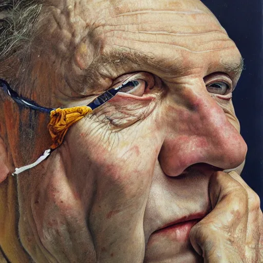Image similar to high quality high detail painting by lucian freud, hd, portrait of a man covered with multiple eyes, photorealistic lighting