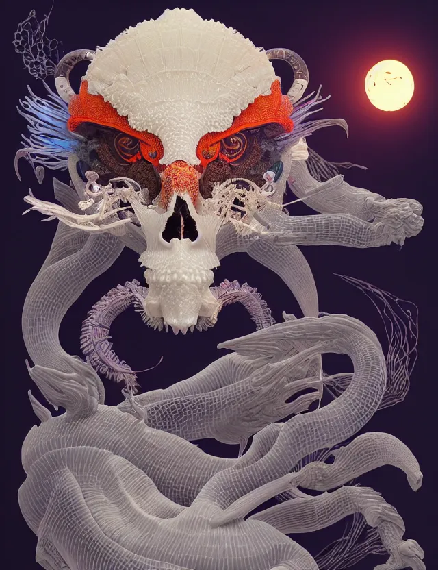 Prompt: 3 d liminal space frontal portrait with ram skull. beautiful intricately detailed japanese crow kitsune mask and clasical japanese kimono. betta fish, jellyfish phoenix, bio luminescent, plasma, ice, water, wind, creature, artwork by tooth wu and wlop and beeple and greg rutkowski