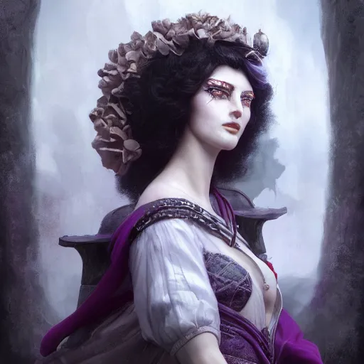 Image similar to picture generation, soft painting curiosities carnival, beautiful battle mage in full long dress, perfect face, accurate features, focus, very intricate ultrafine details, black white purple volumetric clouds, award winning masterpiece, octane render 8 k hd, tom bagshaw artstyle