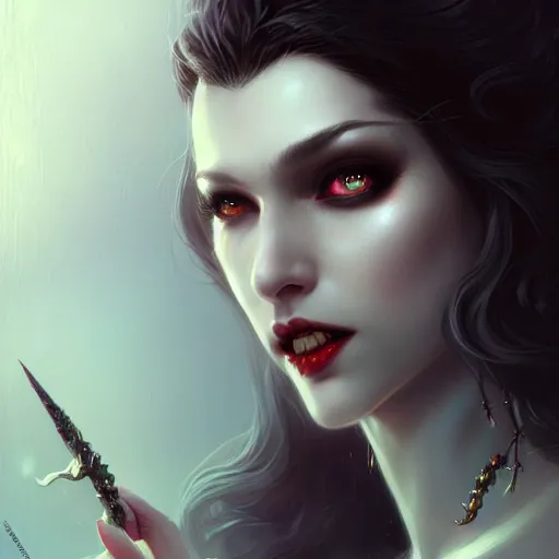 Image similar to desirable Vampire woman, fantasy, intricate, elegant, highly detailed, digital painting, artstation, concept art, matte, sharp focus, illustration, art by artgerm and Greg Rutkowski, dreadjim, zeen chin