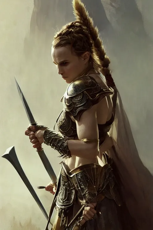 Image similar to natalie portman, legendary warrior, heroic, lord of the rings, tattoos, decorative ornaments, battle armor, by carl spitzweg, ismail inceoglu, vdragan bibin, hans thoma, greg rutkowski, alexandros pyromallis, perfect face, fine details, realistic shading photorealism