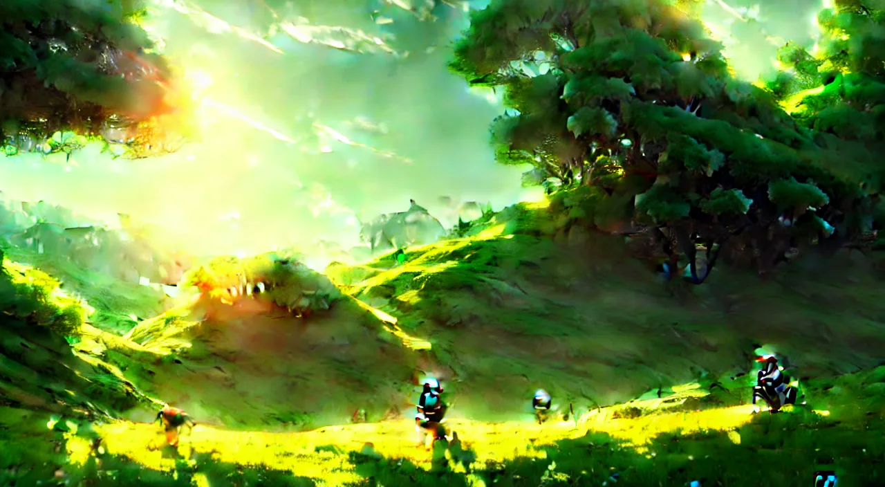 Image similar to beautiful anime wallpaper, landscape, green rolling hills, bright, intricate, sharp focus, lens flare, bloom, illustration, highly detailed, digital painting, concept art, matte, art by ruan jia and wlop and greg rutkowski, masterpiece