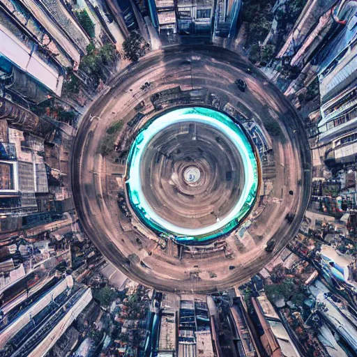 Image similar to professional photo from bird view of portal to another dimension inside a city, ultra detailed, realistic, 4 k, computer art, dslr photo