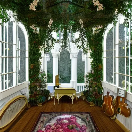 Prompt: a musical bedroom victorian greenhouse. The greenhouse is built into a giant oak tree, ornate, beautiful, atmosphere, vibe, volumetric, flowers, lighting,