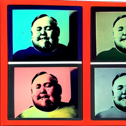 Prompt: color polaroid portrait of a fat man as taken by andy warhol. photography, instant photography, color accurate, photographer, film, integral print, studio. no marilyn monroe, no paint.