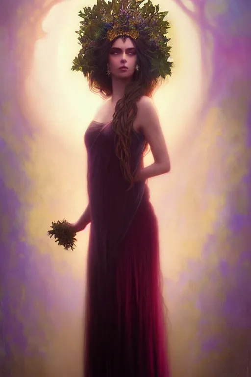 Prompt: ombre velvet gown, beautiful elegant dryad, portrait, dramatic light on face, long hair, tiara, dozens of jeweled necklaces, by greg rutkowski, brom, anato finnstark, alphonse mucha, oil painting, highly detailed, cinematic lighting, unreal,