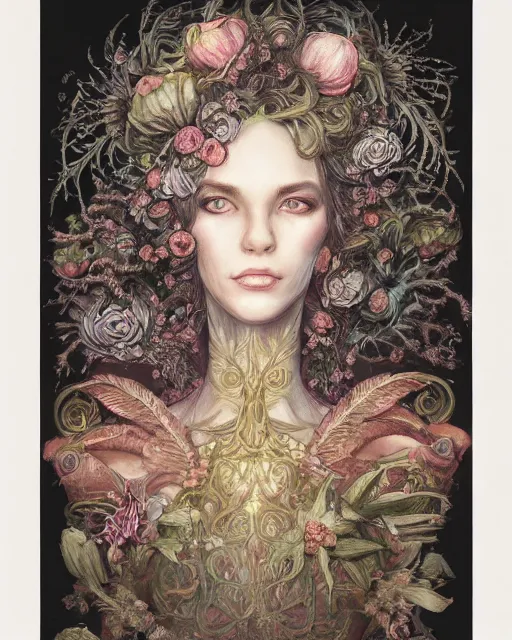 Image similar to centered beautiful detailed front view portrait of a woman with ornate growing around, ornamentation, flowers, elegant, beautifully soft lit, full frame, by wayne barlowe, peter mohrbacher, kelly mckernan,