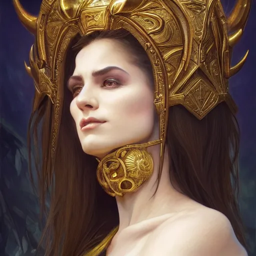 Image similar to perfectly - centered - portrait - photograph of an evil sinister goddess, the perfect human female specimen, intricate, elegant, super highly detailed, professional digital painting, artstation, concept art, smooth, sharp focus, no blur, no dof, extreme illustration, unreal engine 5, 8 k, art by artgerm and greg rutkowski and alphonse mucha loish and wlop