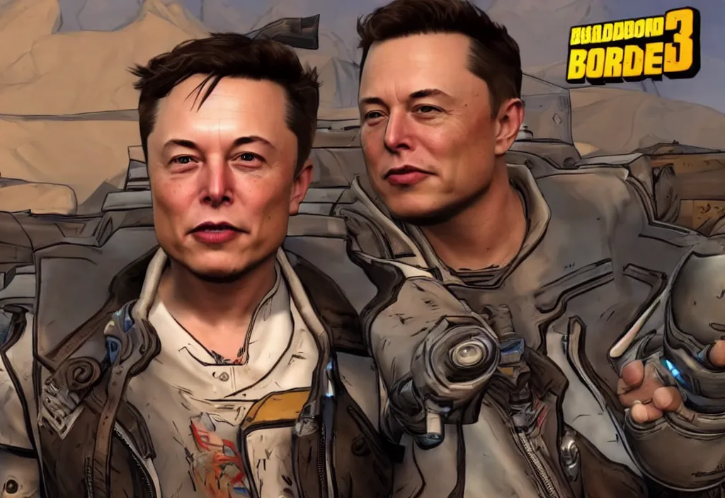 Image similar to elon musk in borderlands elon musk in the video game borderlands, gameplay screenshot, close up, 3 d rendering. unreal engine. amazing likeness. very detailed.