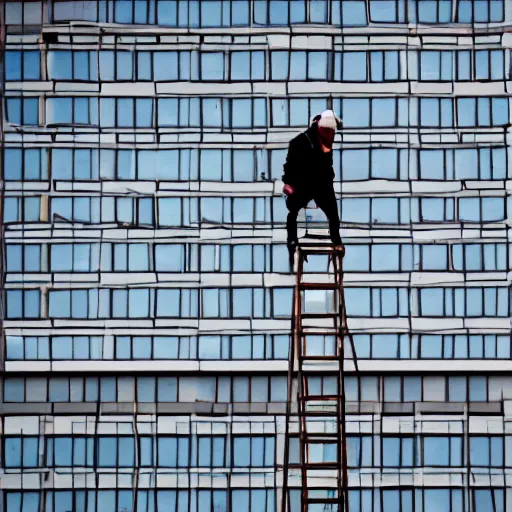 Image similar to a man trying to write the word the on top of a building in stilts