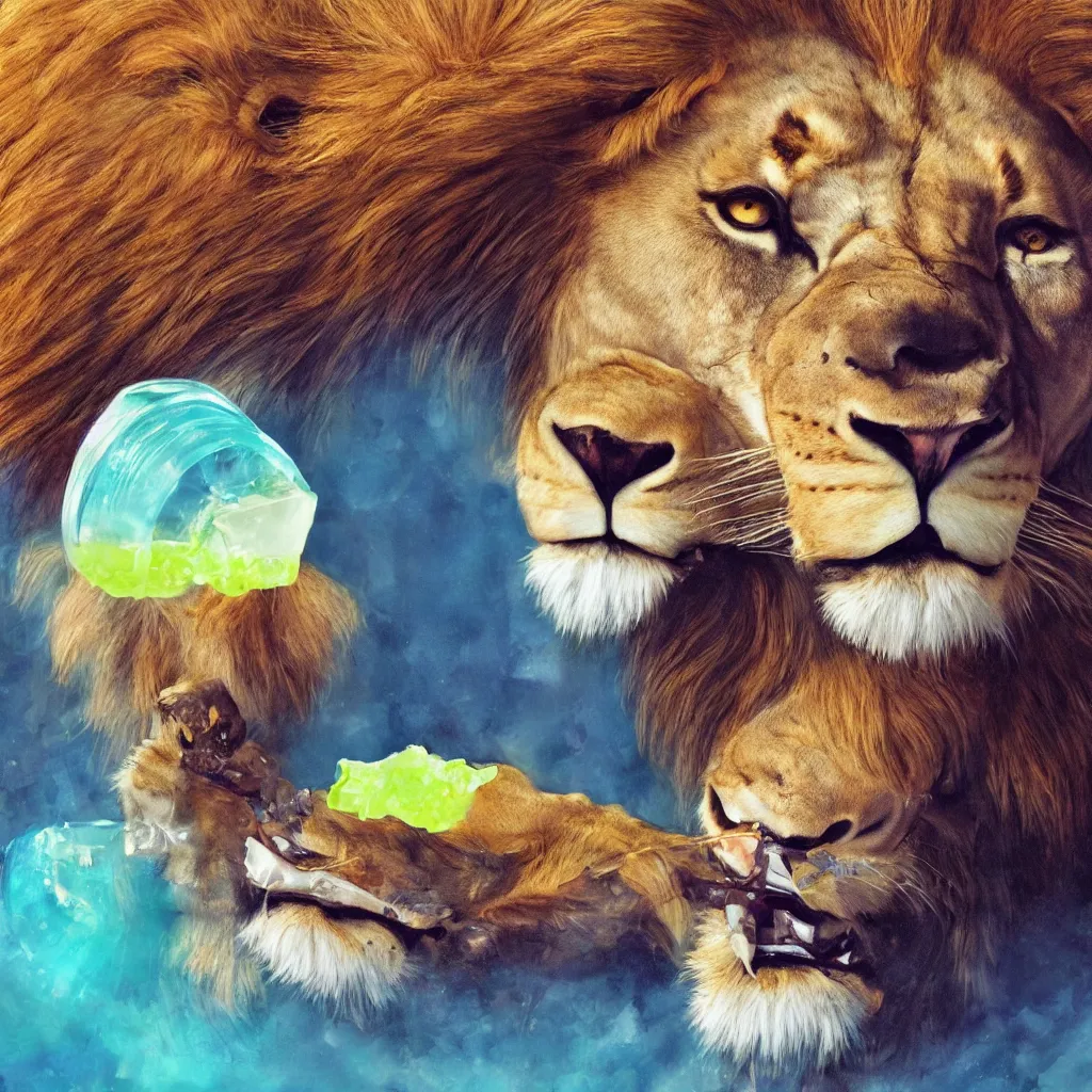 Image similar to a lion eating jello, arcain style, ultra detailed, concept art