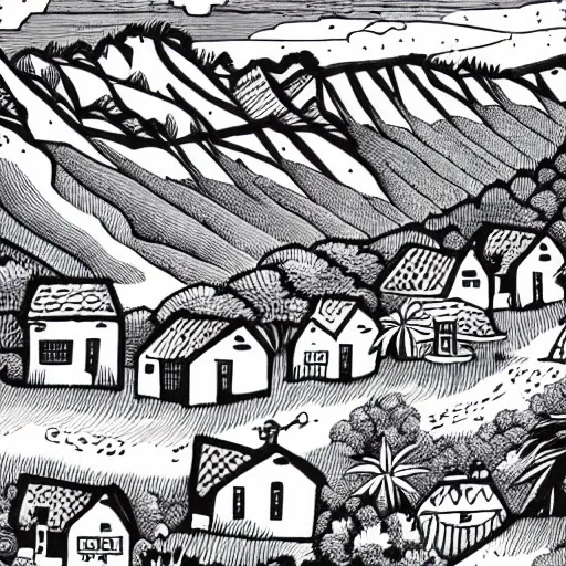Image similar to mcbess illustration of a quaint village in the mountains