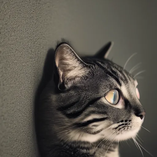 Image similar to A high resolution photo of a cat staring at a wall, photorealistic, ambient light, close up,