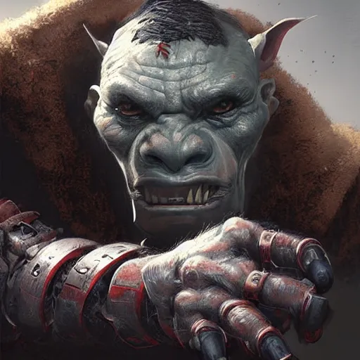 Prompt: portrait of an orc with a robotic hand,digital art,realistic,detailed,art by greg rutkowski