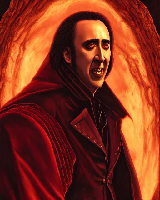 Prompt: nicolas cage as dracula, blood moon, highly detailed, centered, artstation, concept art, smooth, sharp focus, illustration, bokeh art by artgerm and donato giancola and joseph christian leyendecker
