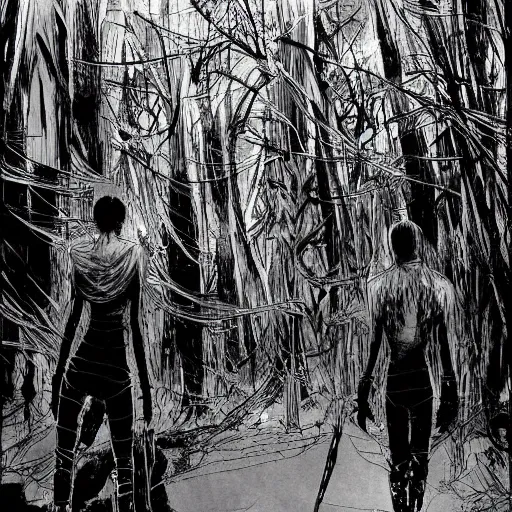 Prompt: sci - fi, monster hunters walking in a meat and bone forest, art by tsutomu nihei