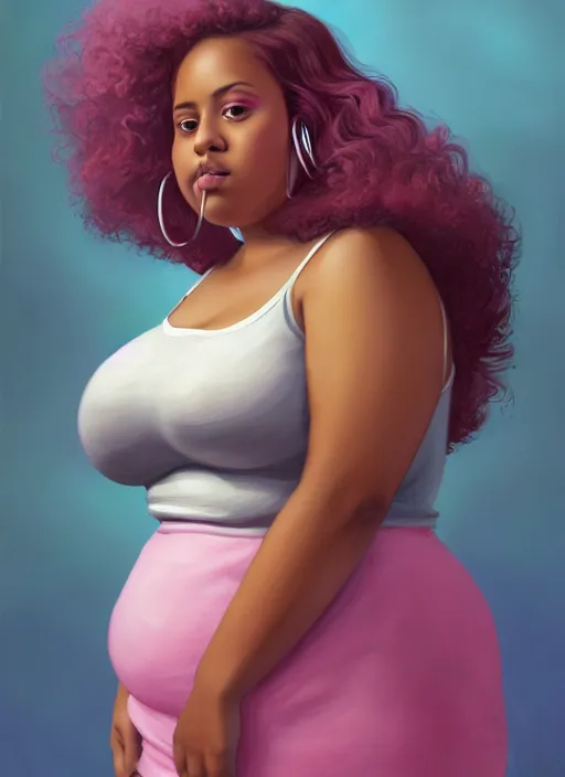 Image similar to full body portrait, teenage vanessa morgan, pink hair, brown skin, obese, curly pixie hair, sultry, realistic, short hair, hoop earrings, skirt, shirt, fat, belly, intricate, elegant, highly detailed, digital painting, artstation, concept art, smooth, sharp focus, illustration, art by wlop, mars ravelo and greg rutkowski