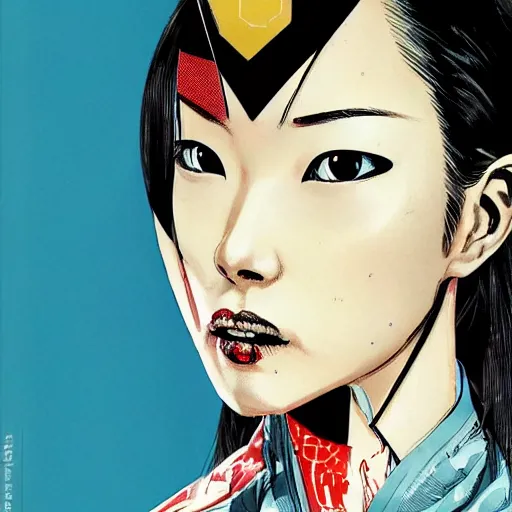 Prompt: portrait of a japanese female android, by MARVEL comics and Sandra Chevrier