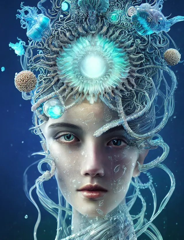 Image similar to goddess macro close - up portrait in crown made of ram skull. betta fish, jellyfish phoenix, bioluminiscent, plasma, ice, water, wind, creature, super intricate ornaments artwork by tooth wu and wlop and beeple and greg rutkowski