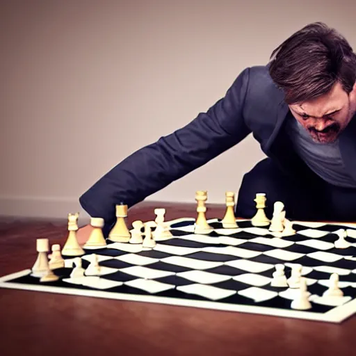 Image similar to angry man flipping over the chessboard after losing, ultra realistic
