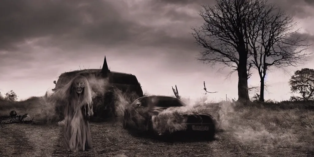 Prompt: a scary witch ghost next to an idle car, on the side of the road, the sun is setting, magic hour, ominous, scary, evil, photograph by Nick Knight