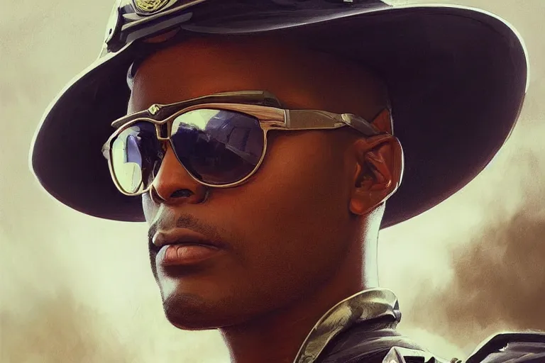 Image similar to Beautiful portrait of a skin glowing male police officer wearing cool shades. wide angle, magic, fire, darkness, dramatic lighting, Africa, intricate, wild, highly detailed, digital painting, artstation, concept art, smooth, sharp focus, illustration, art by artgerm and greg rutkowski and alphonse mucha, footage from space camera